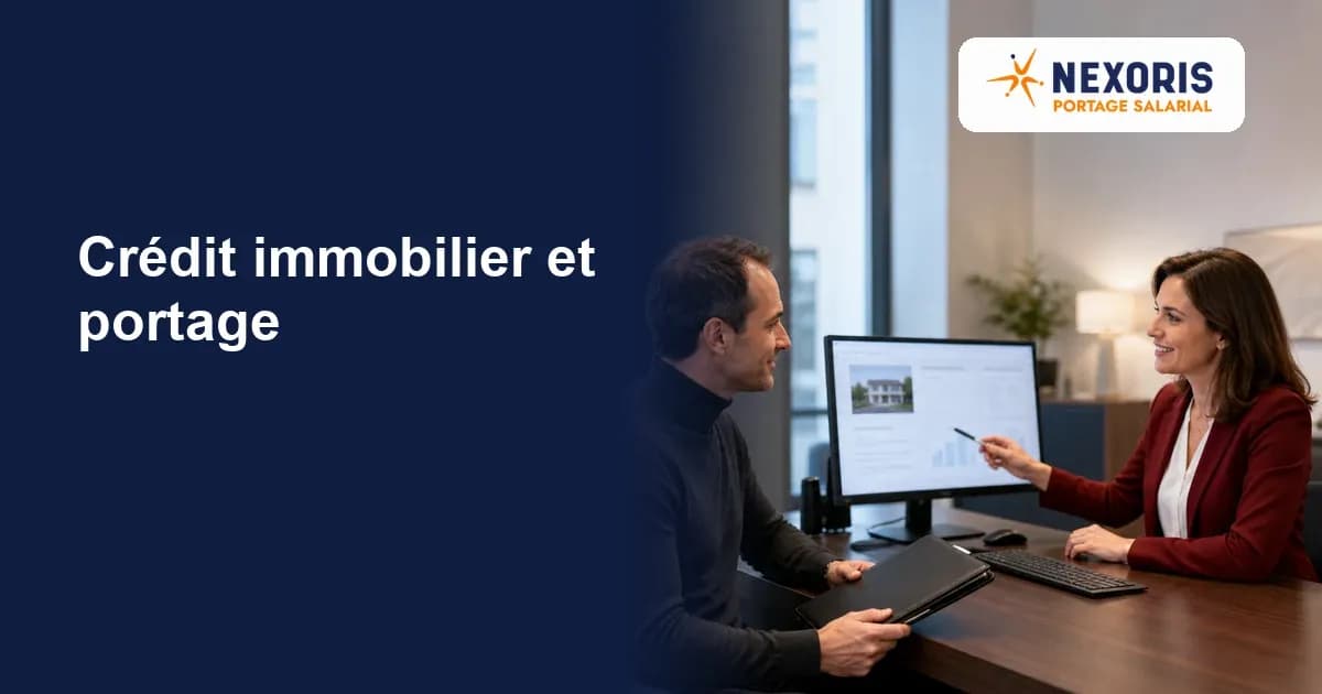 Banquière présentant une simulation de crédit sur ordinateur à un consultant informatique en portage salarial.
